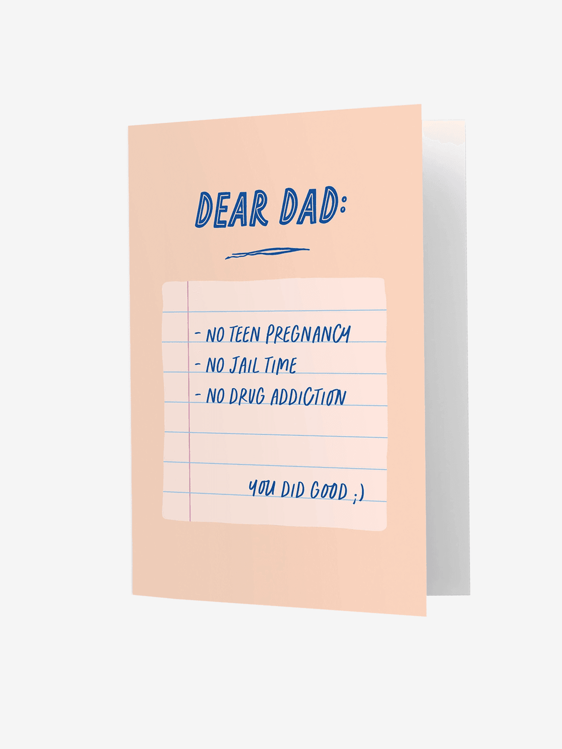Dette er kortet til pappaen som fortjener litt ekstra cred. Med teksten «Dear dad you did good» er det perfekt til farsdag, bursdag eller bare en helt vanlig tirsdag når du vil si takk uten å skrive et helt følelsesreferat.  Kortet er et dobbelt A6-kort med god plass på innsiden til alt fra korte takk til lange historier. Det er trykt på kraftig, miljøvennlig 350g FSC-sertifisert papir og kommer med en fin, miljøvennlig konvolutt som er klar til å gis rett til verdens beste pappa.